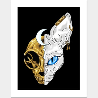 White sphinx cat with exposed golden skull Posters and Art